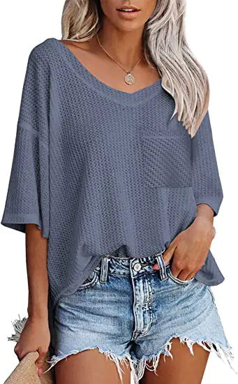 V-neck Summer Short Sleeve Green Shirts for Women