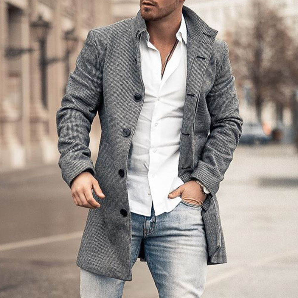 New men's woolen stand collar mid-length casual coat with pockets - Iberon