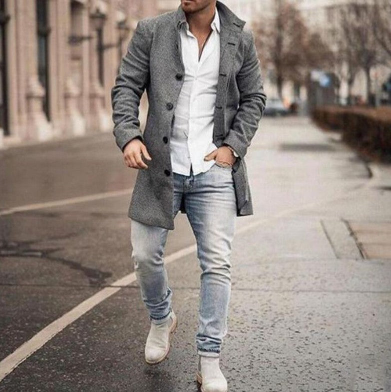 New men's woolen stand collar mid-length casual coat with pockets - Iberon