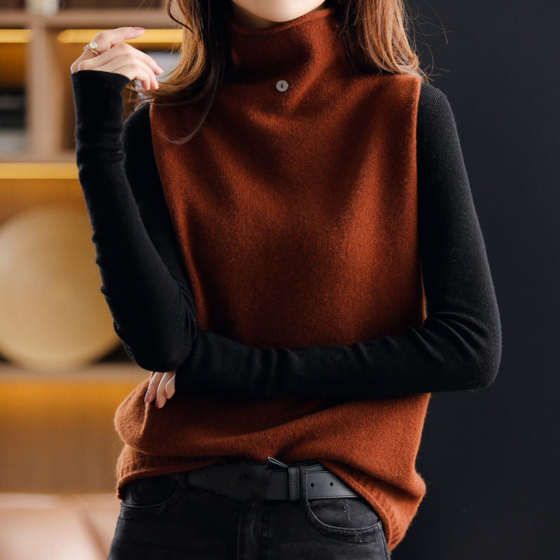 Women's High Collar Button Solid Color Knitted Vest - Iberon
