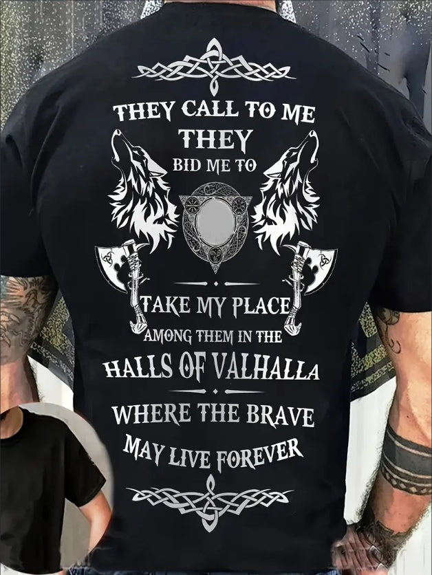 Retro Viking Pattern Print, Men's Graphic Design Crew Neck Novel T-shirt, Casual Comfy Tees Tshirts For Summer, Men's Clothing Tops For Daily Vacation Resorts