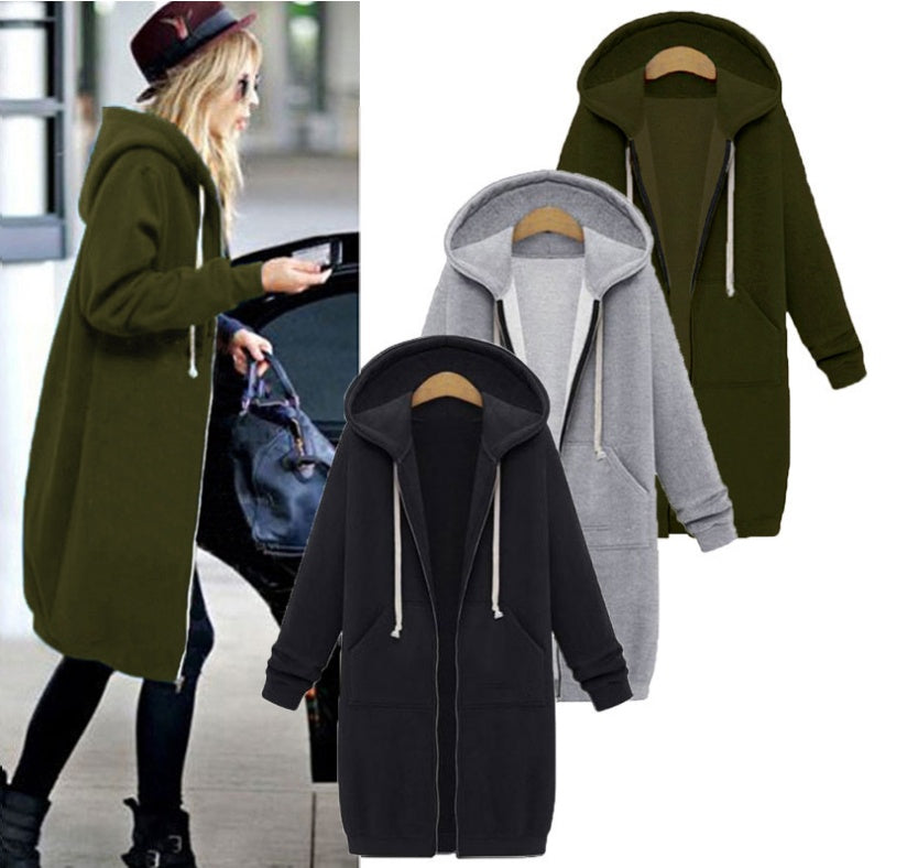 Hooded long-sleeved winter sweater women's jacket in a long thick shirt - Iberon