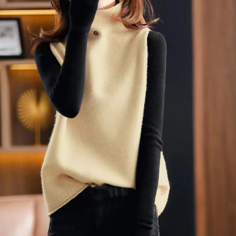 Women's High Collar Button Solid Color Knitted Vest - Iberon