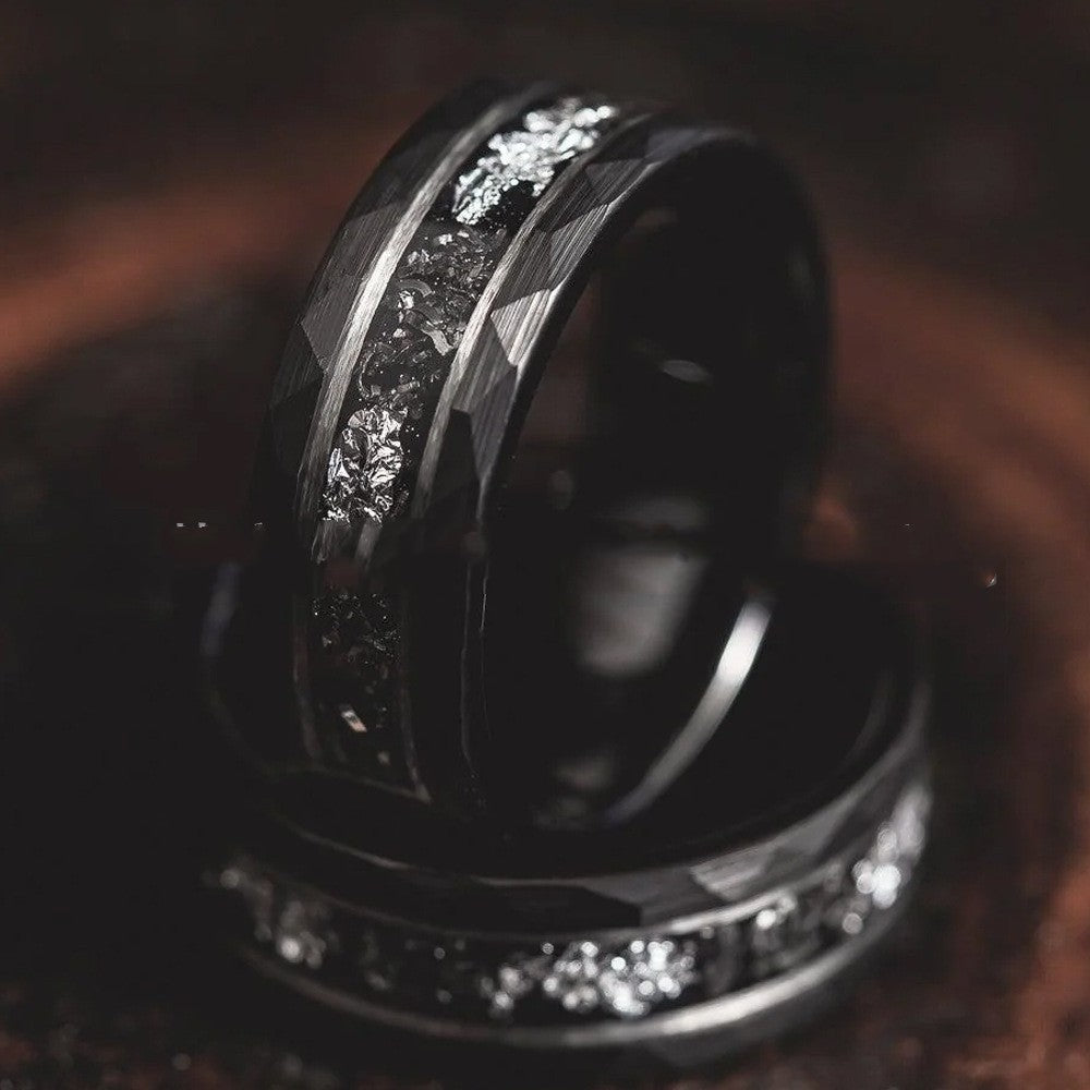 8mm Electric Black Hammer Pattern Tungsten Ring Steel Color Inner Step Inlaid Iron Chips Silver Foil - Iberon