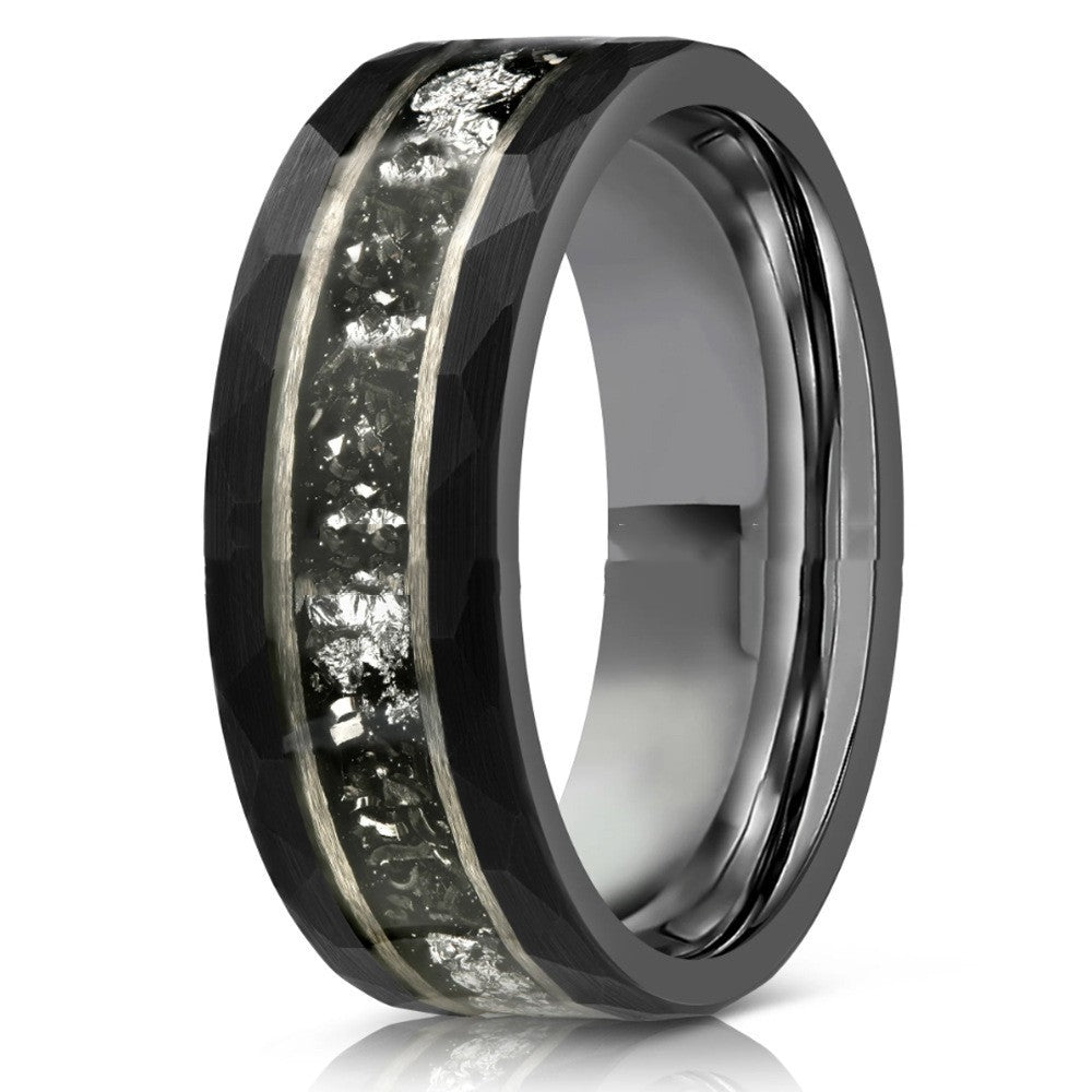 8mm Electric Black Hammer Pattern Tungsten Ring Steel Color Inner Step Inlaid Iron Chips Silver Foil - Iberon